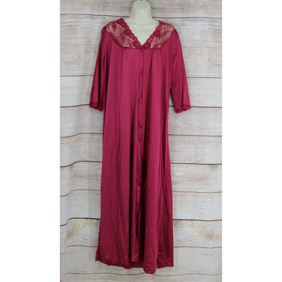 VINTAGE Pinehurst Lingerie Womens Sz Large Nightgown Satin Robe Lace Trim Maroon - Picture 1 of 8
